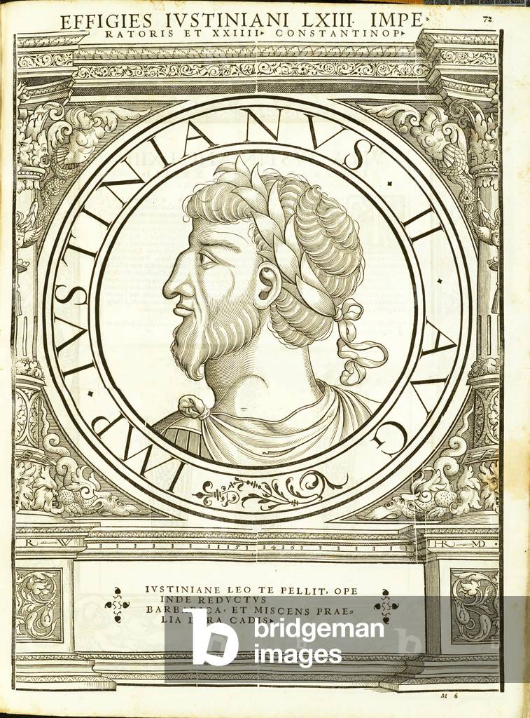 Iustinianus II, illustration from 'Imperatorum romanorum omnium orientalium et occidentalium verissimae imagines ex antiquis numismatis', woodcut by Rudolph Wyssenbach, printed by Andreas Gesner, Zurich, 1559 (woodcut)