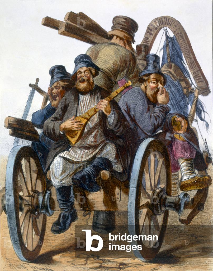 Group of drunken peasant men singing as they go home on a cart, 1843 (colour litho)