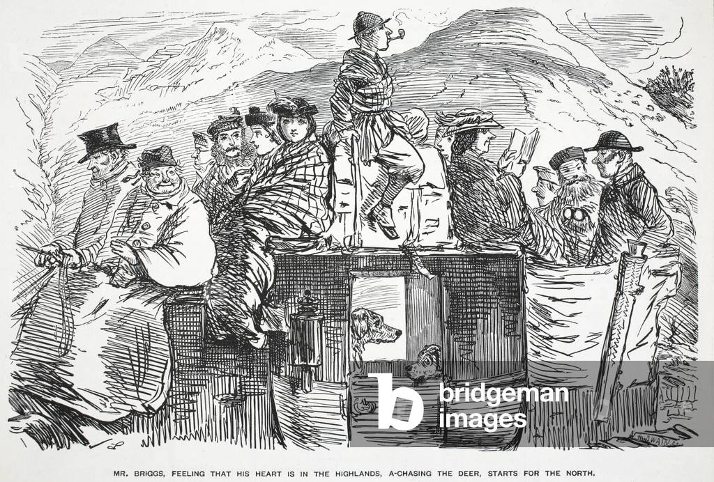 Mr. Briggs, feeling that his heart is in the Highlands, a-chasing the deer, starts for the North, illustration from 'Punch' (litho)