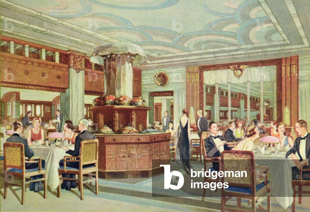 The First Class dining room aboard the 'Empress of Japan' (colour litho)