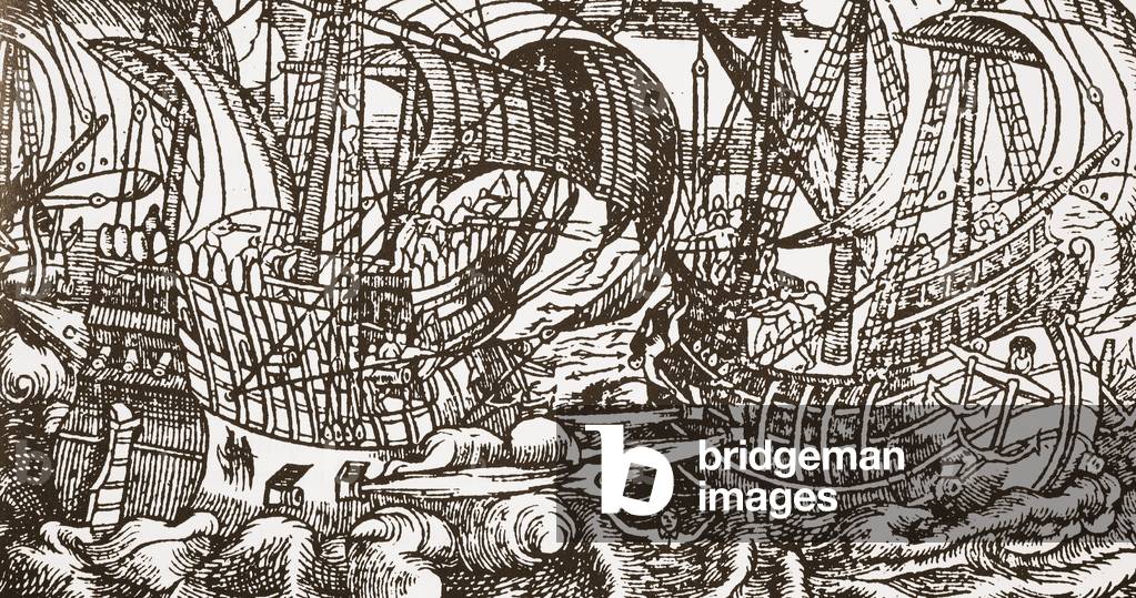 Contemporary woodcut of warship at sea (woodcut)