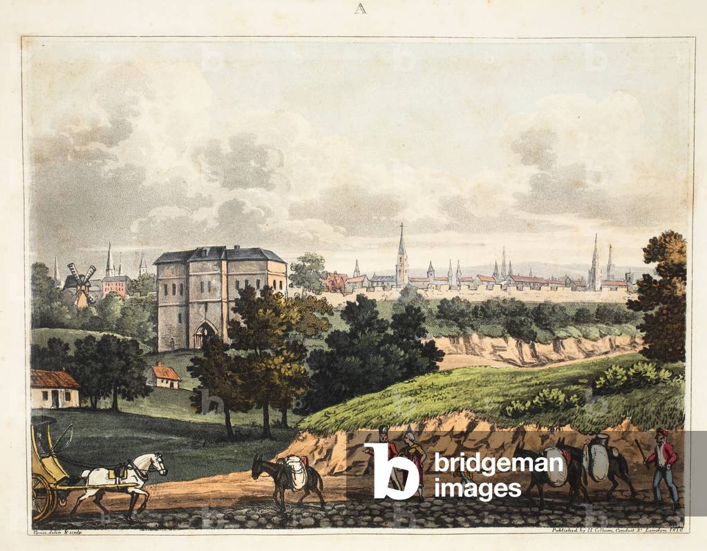 The City of Brussels, from the entrance of the Foret de Soigne, with the Barrier, pub H. Colburn, 1816 (coloured engraving)