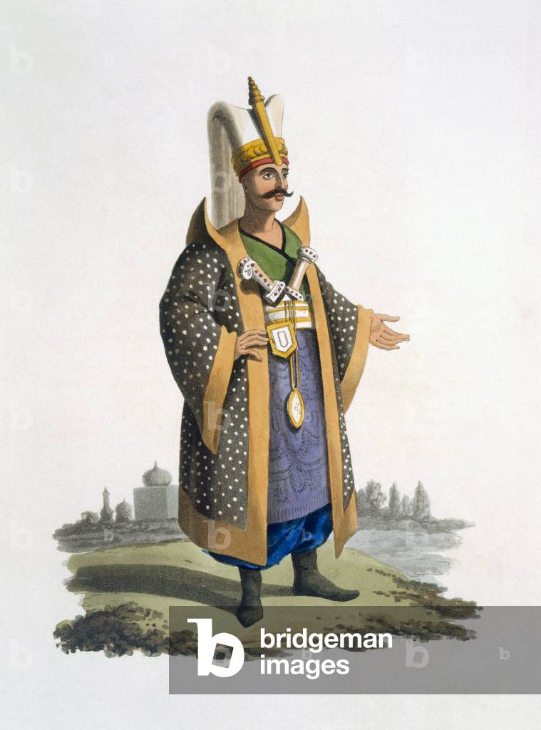 Colonel of the Janissaries with jewels and daggers, 1818 (coloured aquatint)