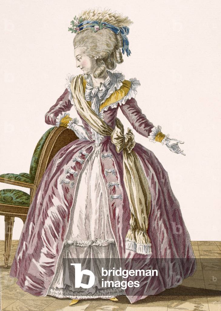 Immagine di Incisione "Abito da donna bordeaux con sottogonna bianca", 18th Secolo di Pierre Thomas Le Clerc