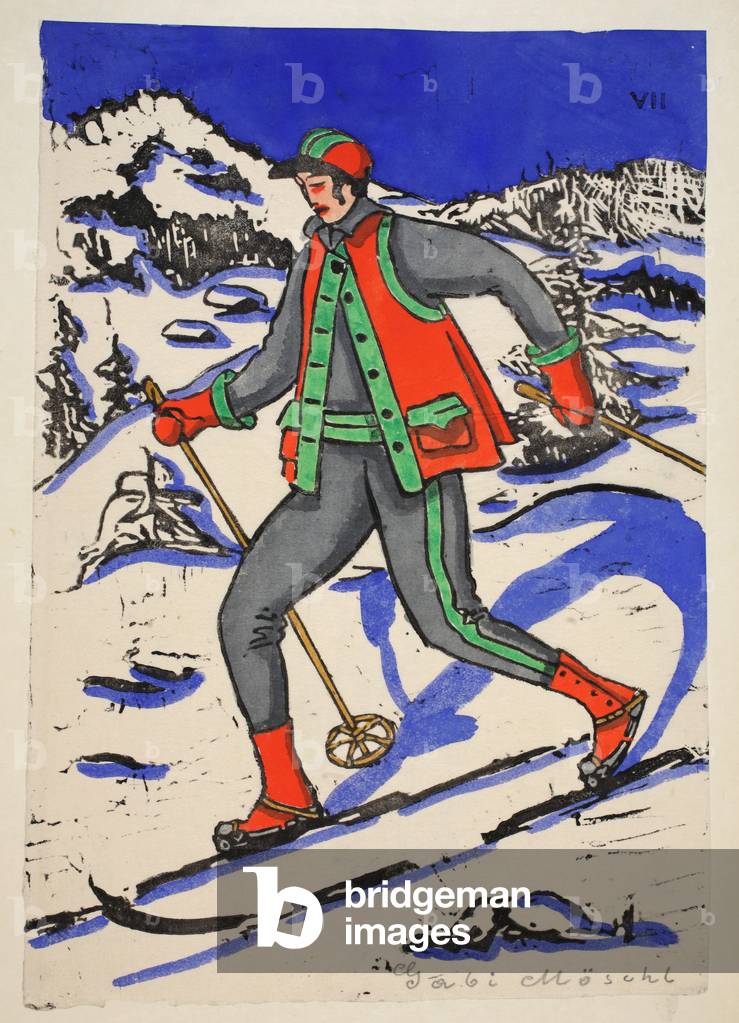 Ski du Fond, Plate 7, Book 10, illustration from 'Wiener Werkstatte Mode 1914/15', pub. Eduard Kosmack, Vienna, 1914-1915 (hand-coloured linocut)