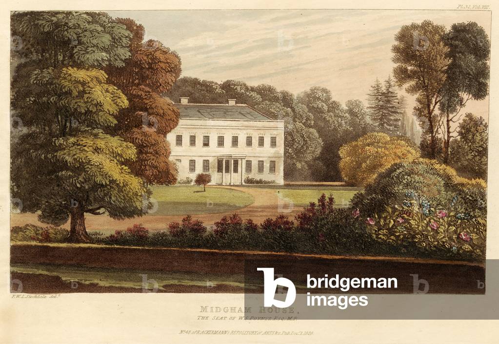 Midgham House, the Seat of W.S. Poyntz, Esq., M.P., pub. 1826 (coloured engraving)