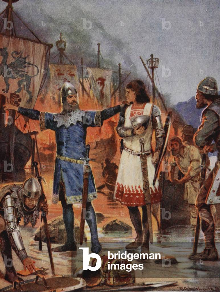 FitzStephen burns his Boats, 1169, illustration from 'Hutchinson's Story of the British Nation', c.1923 (colour litho)