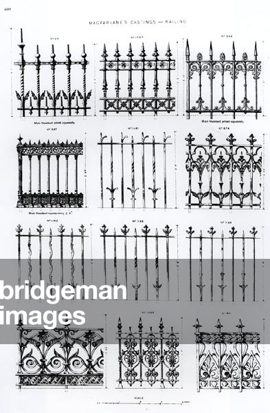 Designs for cast-iron railings, from 'Macfarlane's Castings' (engraving) (b/w photo)