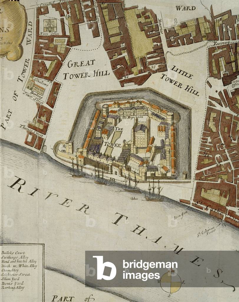 The Tower and St. Catherine's, detail of the Tower of London, for 'Stow's Survey of London', pub. 1754 (engraving) (detail of 94439)