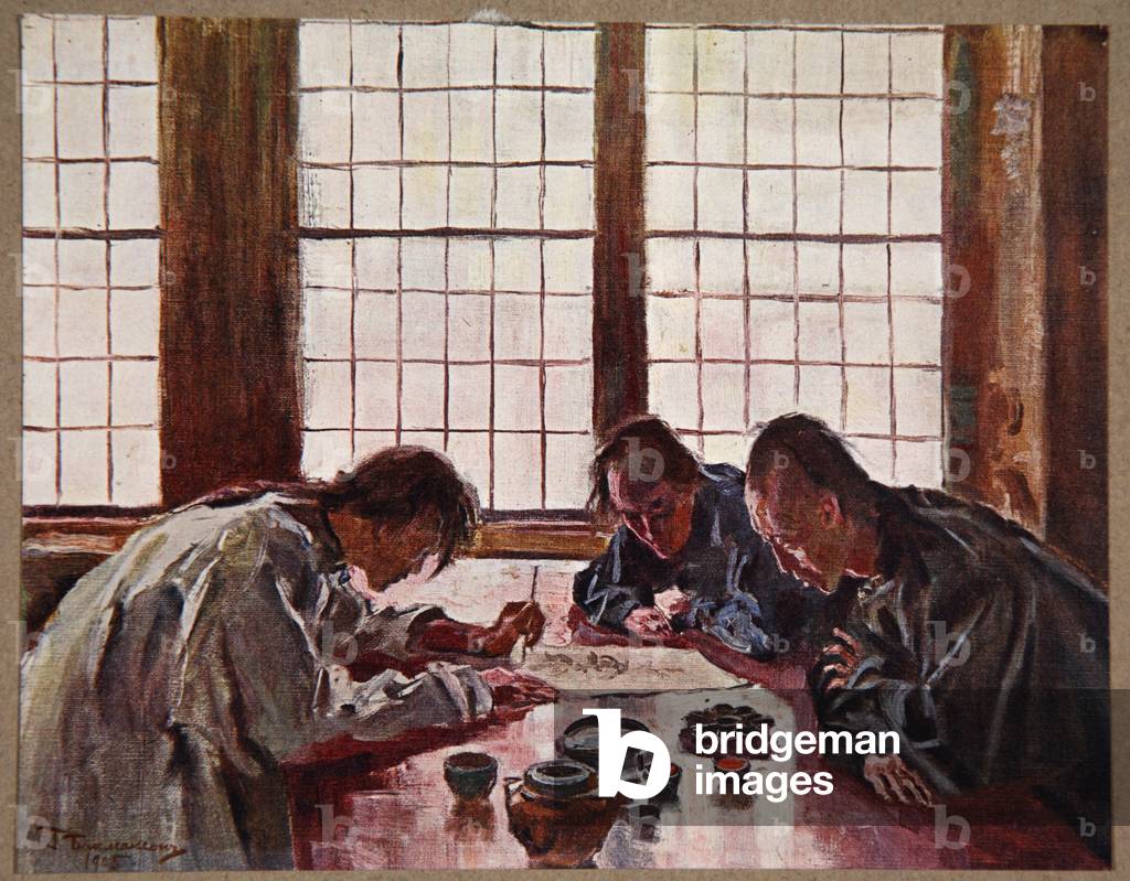 Chinese painters at work, illustration from 'Manchuria: images from the Russo-Japanese War', edited by A. Martynoff, St. Petersburg, 1907 (colour litho)