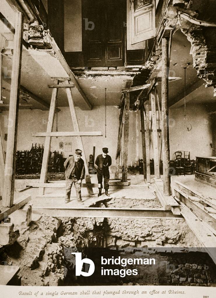 Result of a single German shell that plunged through an office at Rheims, 1914-19 (b/w photo)