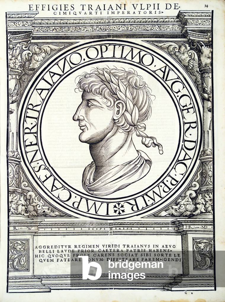Traianus, illustration from 'Imperatorum romanorum omnium orientalium et occidentalium verissimae imagines ex antiquis numismatis', woodcut by Rudolph Wyssenbach, printed by Andreas Gesner, Zurich, 1559 (woodcut)