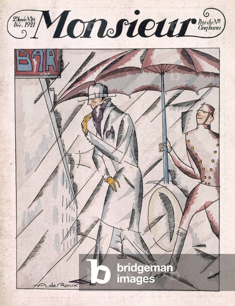 Man in raincoat, front cover of 'Monsieur' magazine, issue 24, pub. December 1921 (pochoir print)