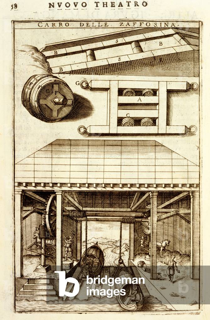 Horse-driven hydraulic pulley mechanism for moving goods between land and water, 1607 (engraving)