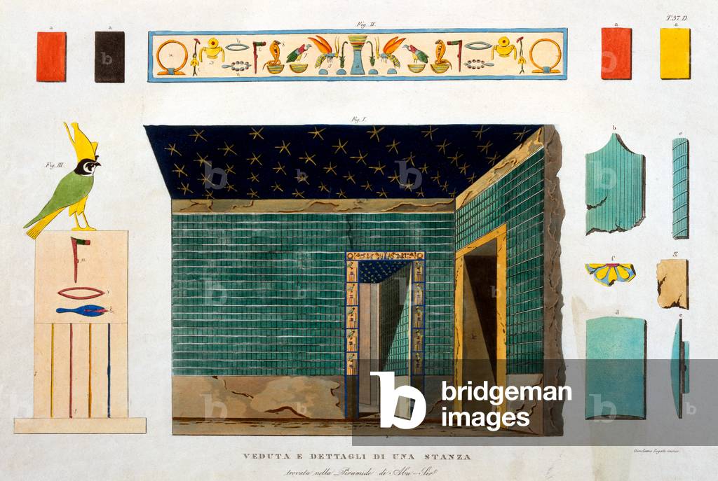 Details of a room inside a pyramid at Abusir, Egypt, engraved by Girolamo Segato (colour litho)