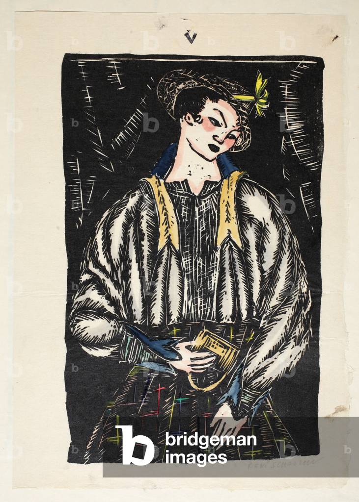 Design for a day dress, Plate 5, Book 5, illustration from 'Wiener Werkstatte Mode 1914/15', pub. Eduard Kosmack, Vienna, 1914-1915 (hand-coloured linocut)