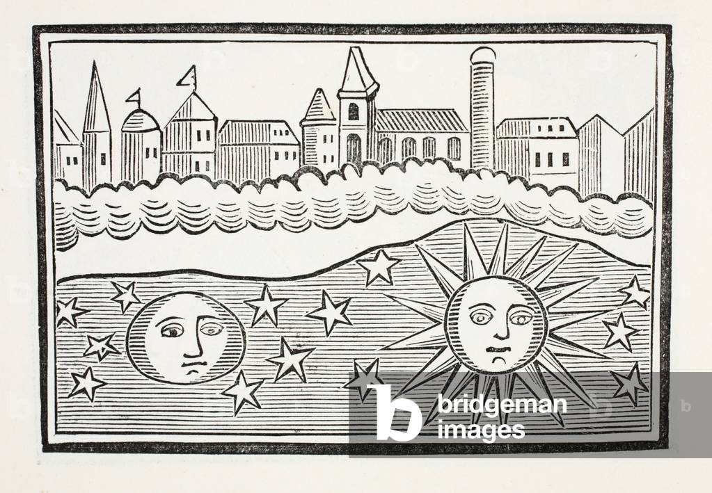 Sun, Moon, Stars and Earth Transposed, illustration from 'Chap-books of the Eighteenth Century' by John Ashton, pub. 1882 (litho)