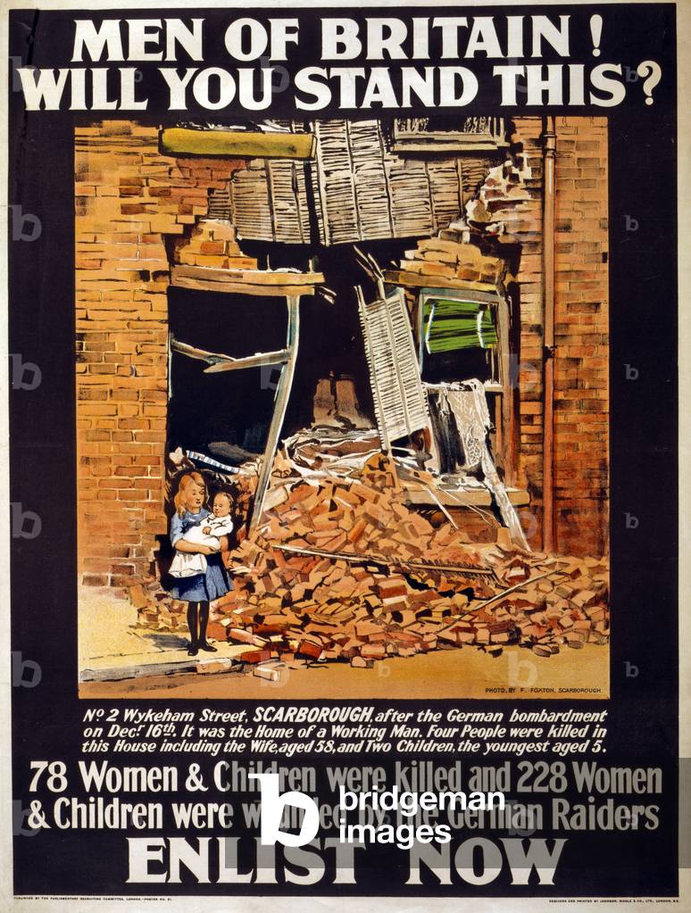 Men of Britain! Will you stand this? 78 women & children were killed and 228 women & children were wounded by the German raiders, Enlist now, Pub. London, c.1914 (colour litho)