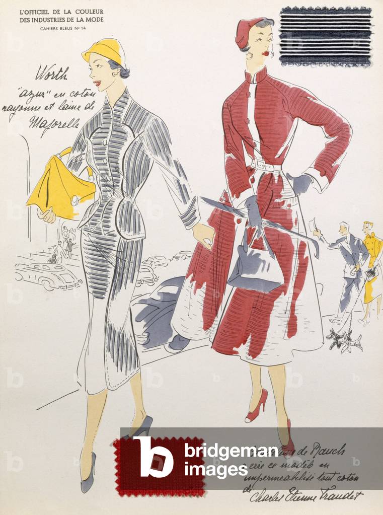 Schizzi e campioni di tessuto, tratto da «L'oficiel de la couleur des industries de la mode» (colore lito)