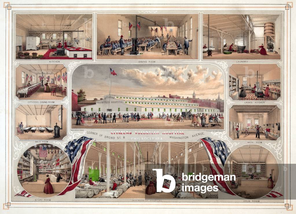 Poster for the Citizens Volunteer Hospital, Philadelphia, pub. 1862 (colour litho)