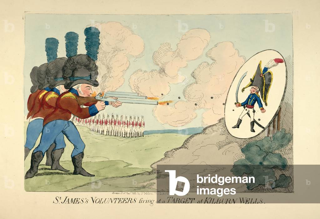 St James's Volunteers firing at a Target at Kilburn Wells, pub. 1803 (hand coloured engraving)