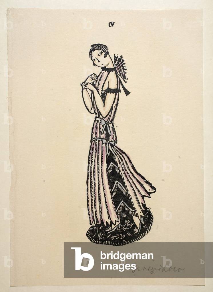 Design for evening dress, Plate 4, Book 2, illustration from 'Wiener Werkstatte Mode 1914/15', pub. Eduard Kosmack, Vienna, 1914-1915 (hand-coloured linocut)