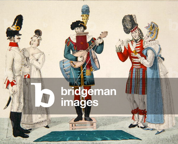 A troubador playing six instruments, plate 86 from 'le Bon Genre', c.1810 (colour engraving)