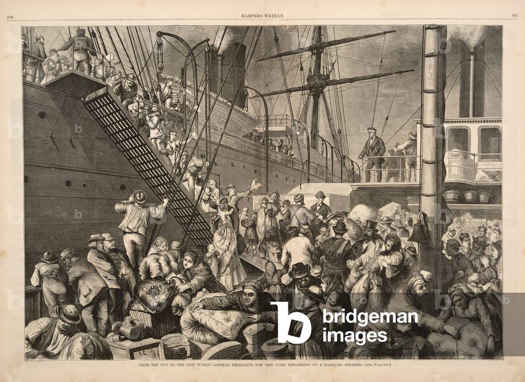 From the Old to the New World-German Emigrants for New York embarking on a Hamburg steamer, from Harpers Weekly, pub.1874 (engraving)
