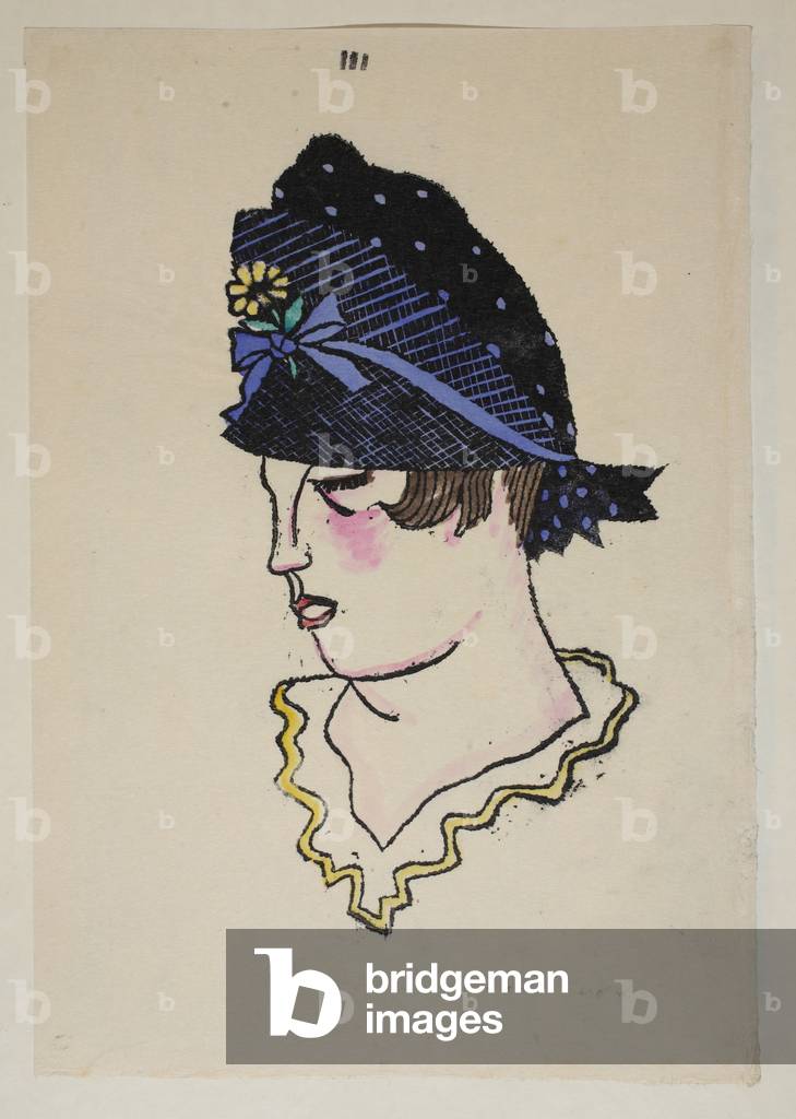 Design for a hat, Plate 3, Book 4, illustration from 'Wiener Werkstatte Mode 1914/15', pub. Eduard Kosmack, Vienna, 1914-1915 (hand-coloured linocut)