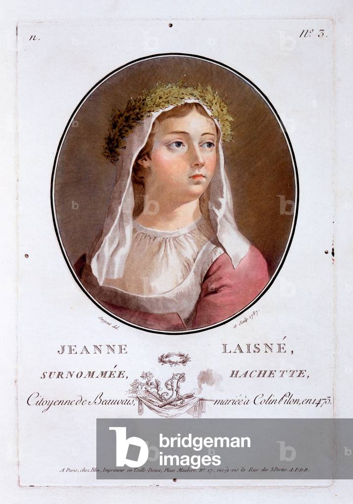 Jeanne Laisne, from 'Portraits des grands hommes, femmes illustres, et sujets memorables de France', published 1787-92 (colour litho) 