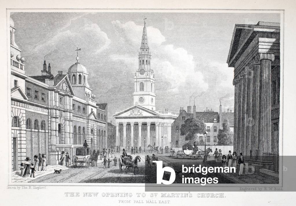 The New Opening of St Martin's Church, from Pall Mall East, from 'London and it's Environs in the Nineteenth Century' pub. Jones & Co., 1827-1829 (engraving)