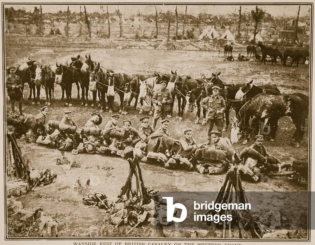 Wayside rest of British cavalry on the Western Front, 1914-19 (b/w photo)