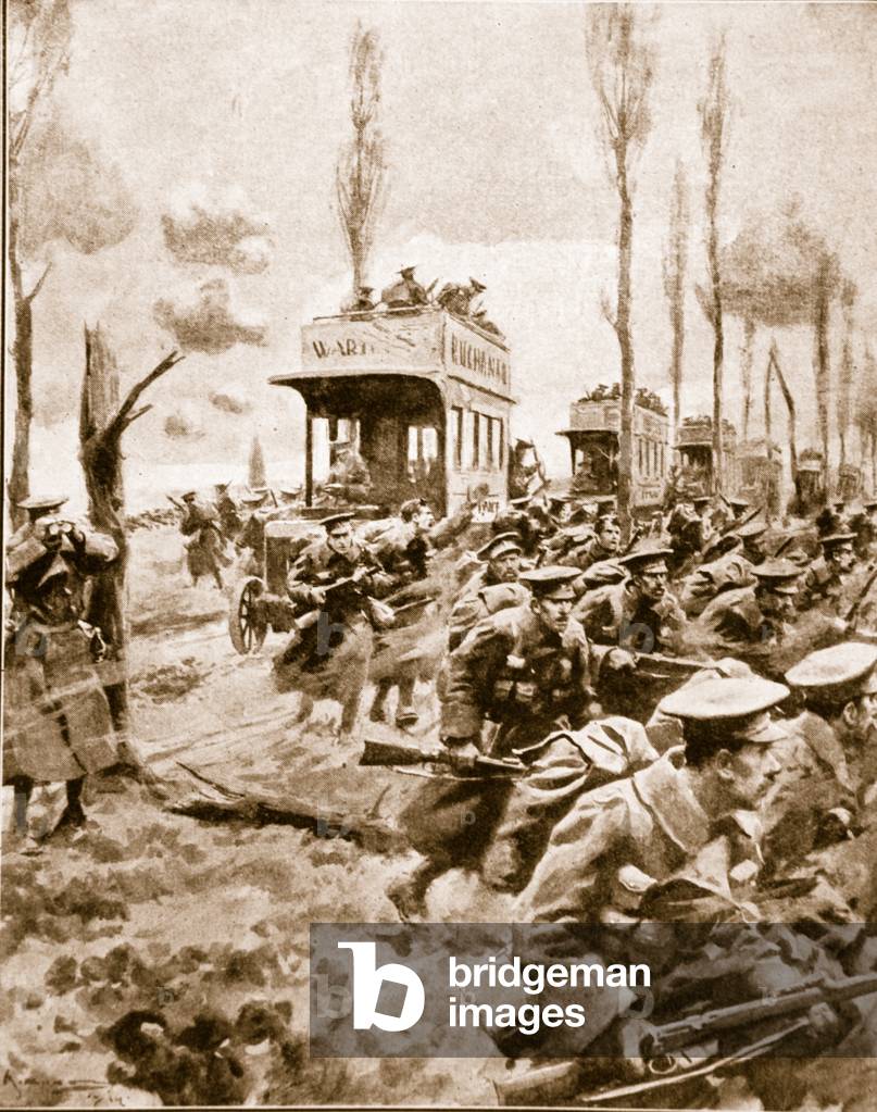 British reinforcements brought up by Motorbus (litho)