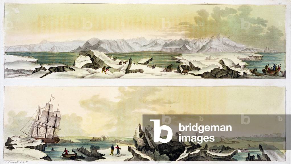 View of Spitsbergen with 'The Dorothea' (colour engraving)