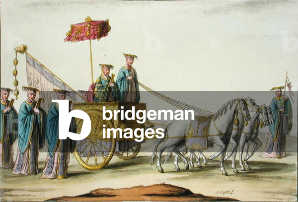 Emperor of an Antique Dynasty in his Carriage, plate 13 from 'Le Costume Ancien et Moderne' by Jules Ferrario, published c.1820s-30s (colour litho)