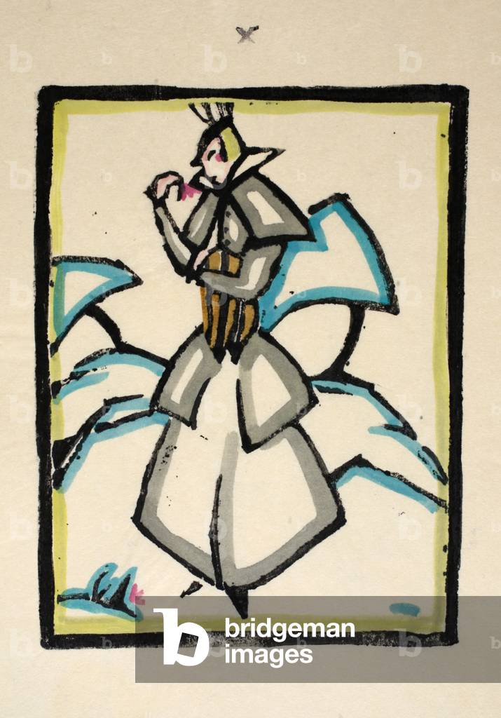 Design for a winter coat, Plate 10, Book 4, illustration from 'Wiener Werkstatte Mode 1914/15', pub. Eduard Kosmack, Vienna, 1914-1915 (hand-coloured linocut)