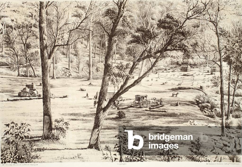 Free Selector's Hut, from The History of Australasia by David Blair, McGrady, Thomson, and Niven, 1879 (engraving)