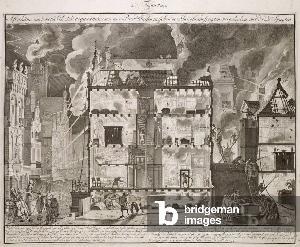 Illustration showing how new long fire hoses could reach all parts of a building, from a book on Firefighting in Holland, published c.1700 (engraving)