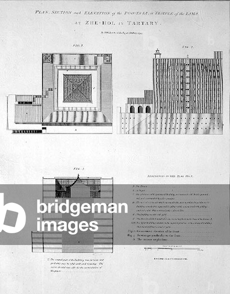 Pianta, sezione ed elevazione del Poo-ta-la, o Tempio del Lama a Zhe-hol in Tartaria, inciso da Joseph Baker, 