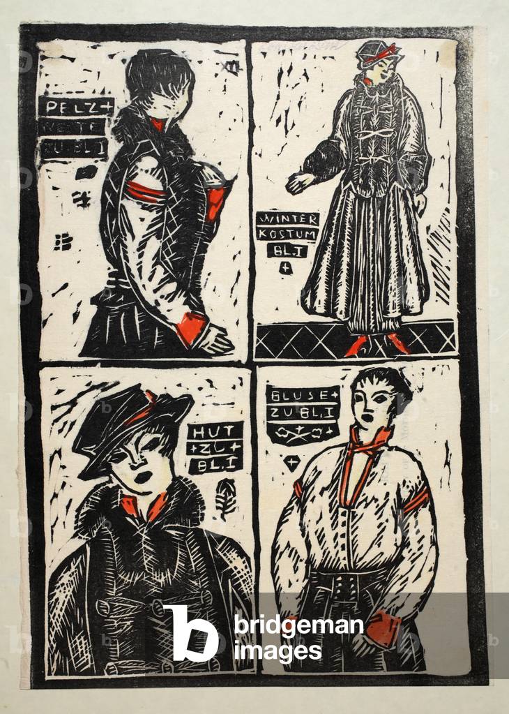 Winter costume, illustration from 'Wiener Werkstatte Mode 1914/15', pub. Eduard Kosmack, Vienna, 1914-1915 (hand-coloured linocut)