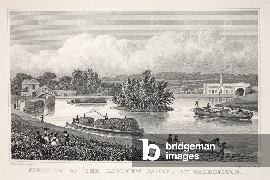 Junction of the Regent's Canal at Paddington, from 'London and it's Environs in the Nineteenth Century' pub. Jones & Co., 1827-1829 (engraving)