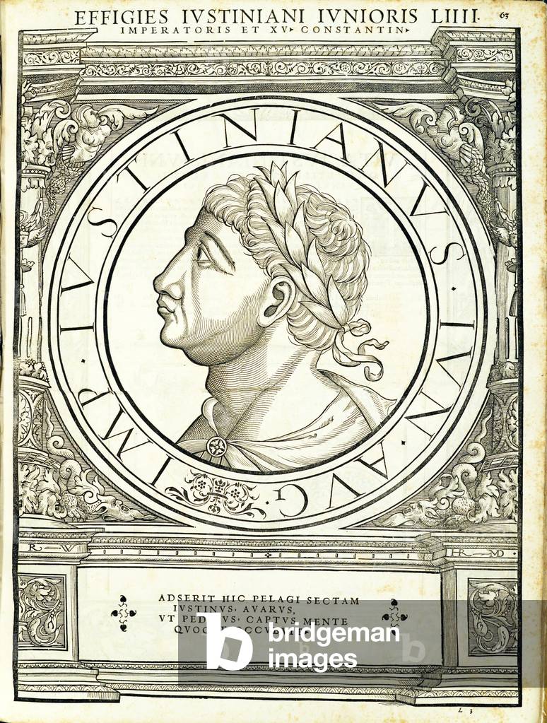 Iustinianus II, illustration from 'Imperatorum romanorum omnium orientalium et occidentalium verissimae imagines ex antiquis numismatis', woodcut by Rudolph Wyssenbach, printed by Andreas Gesner, Zurich, 1559 (woodcut)