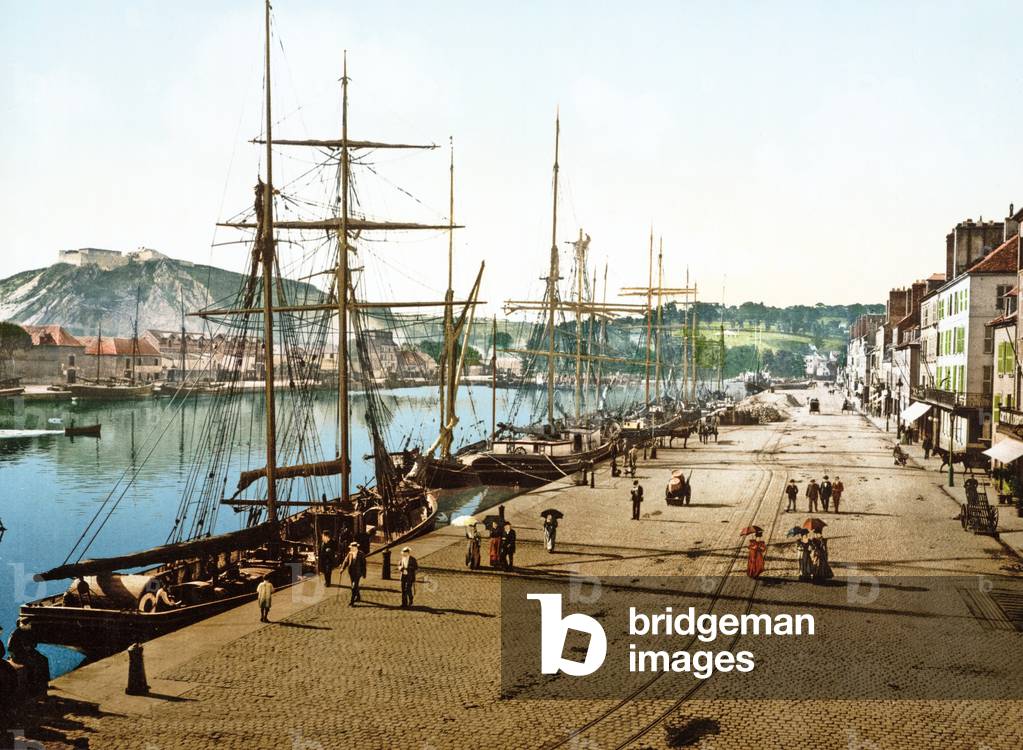 Boats docked in Cherbourg with the old fort in the background, 1890-1900 (chromolitho)