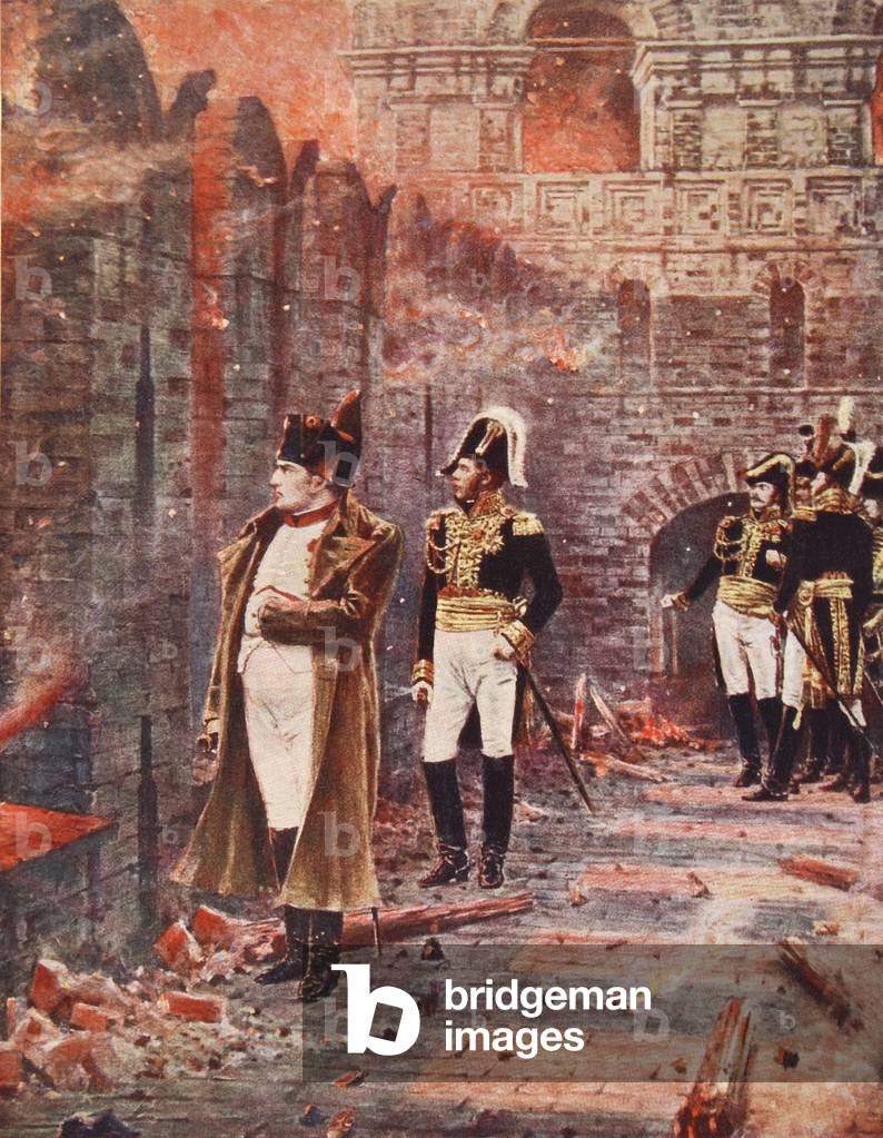 Napoleone guardando il fuoco di Mosca, illustrazione da 'Hutchinsons Storia delle Nazione', c.1910 (colore lit