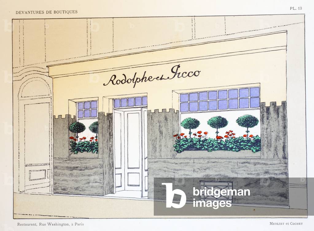 Restaurant, plate 13, illustration from 'Devantures de Boutiques' by Louis-Pierre Sezille, Paris, 1927 (colour litho)