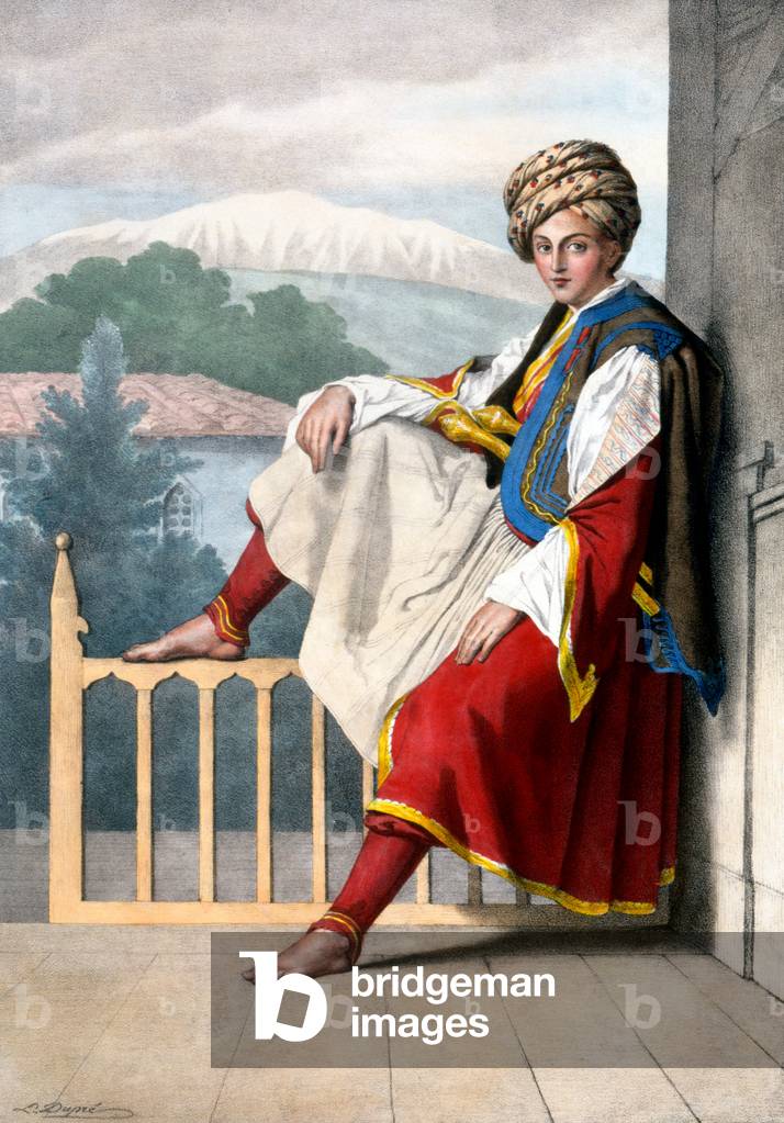 A page of Veli - Plate XII, engraved by Lemercier from 'Voyage à Athènes et a à Constantinople', written and illustrated by Dupre, 1828 (colour litho)
