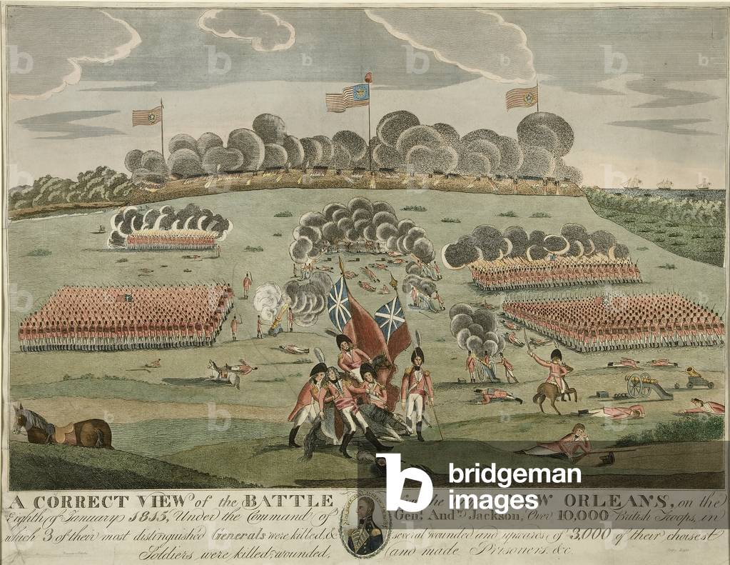 A Correct View of the Battle near the City of New Orleans, pub. c.1815 (hand coloured Engraving)