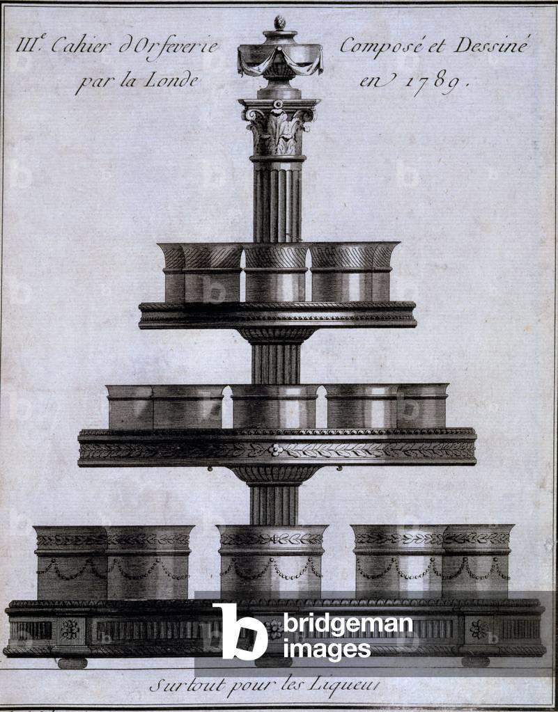 Metalwork: a set of liqueur cups on a stand, 1780-96 (engraving)