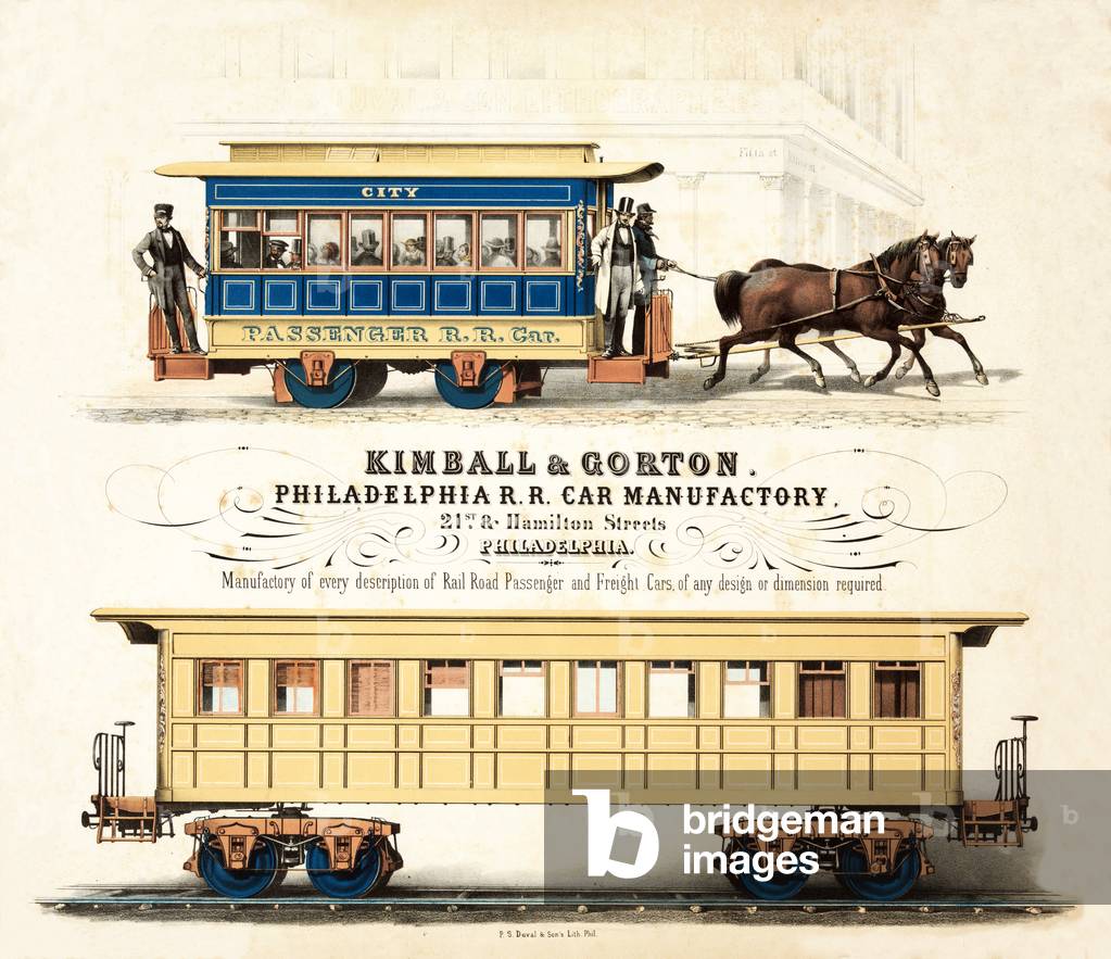 Advertisement for Kimball & Gorton, Philadelphia R.R. Car Manufactory, published c.1857 (colour litho)