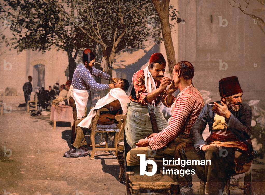 Having a 'Turkish Shave' in Constantinople, pub. c.1895 (postcard chromolithograph)
